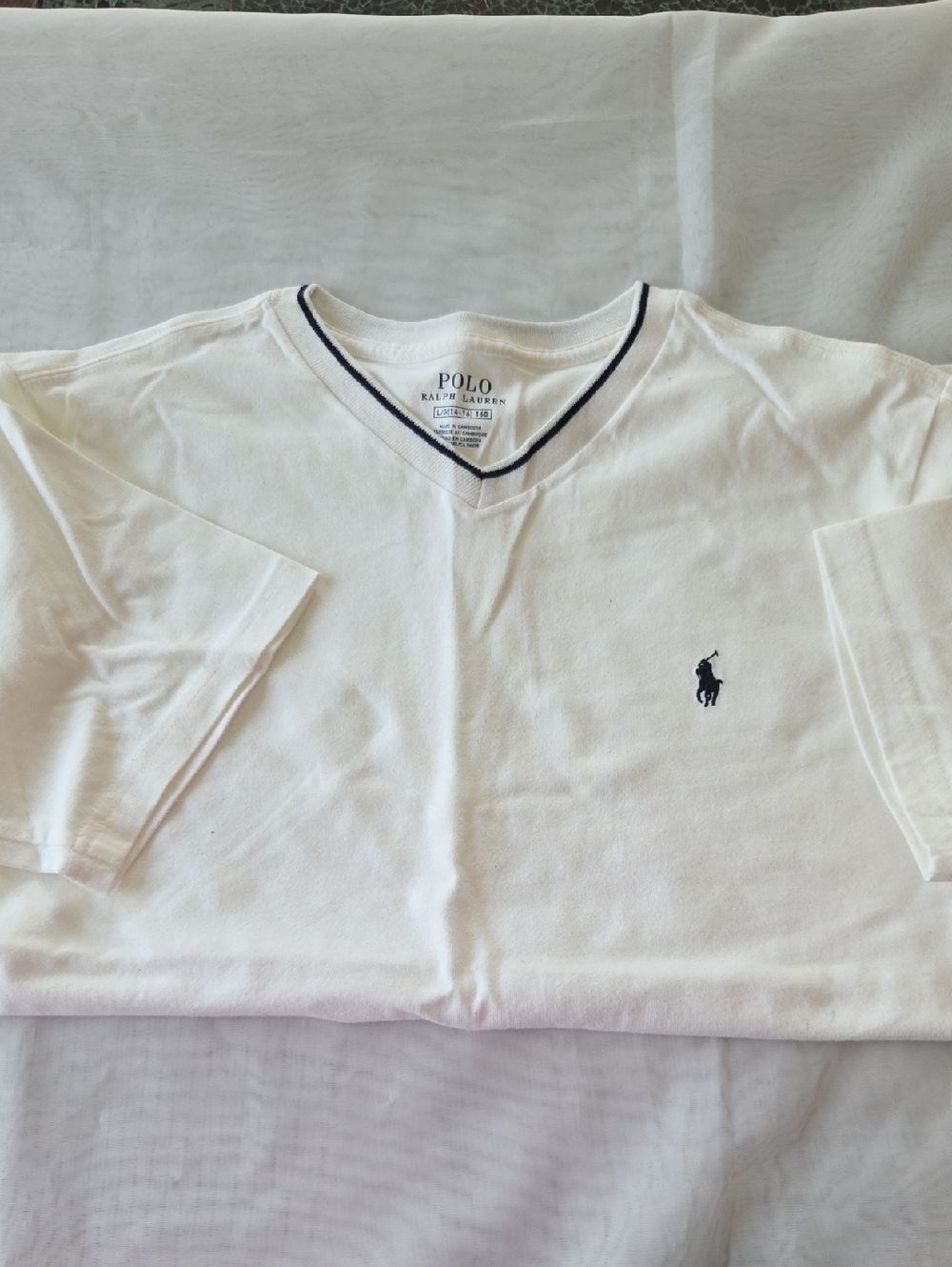 Polo by Ralph Lauren White V-Neck Tee with Navy Trim & Pony Logo